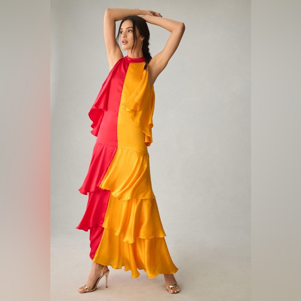✨ Anthropologie Mock-Neck Colorblock Ruffle Dress Sz M - Picture 1 of 9